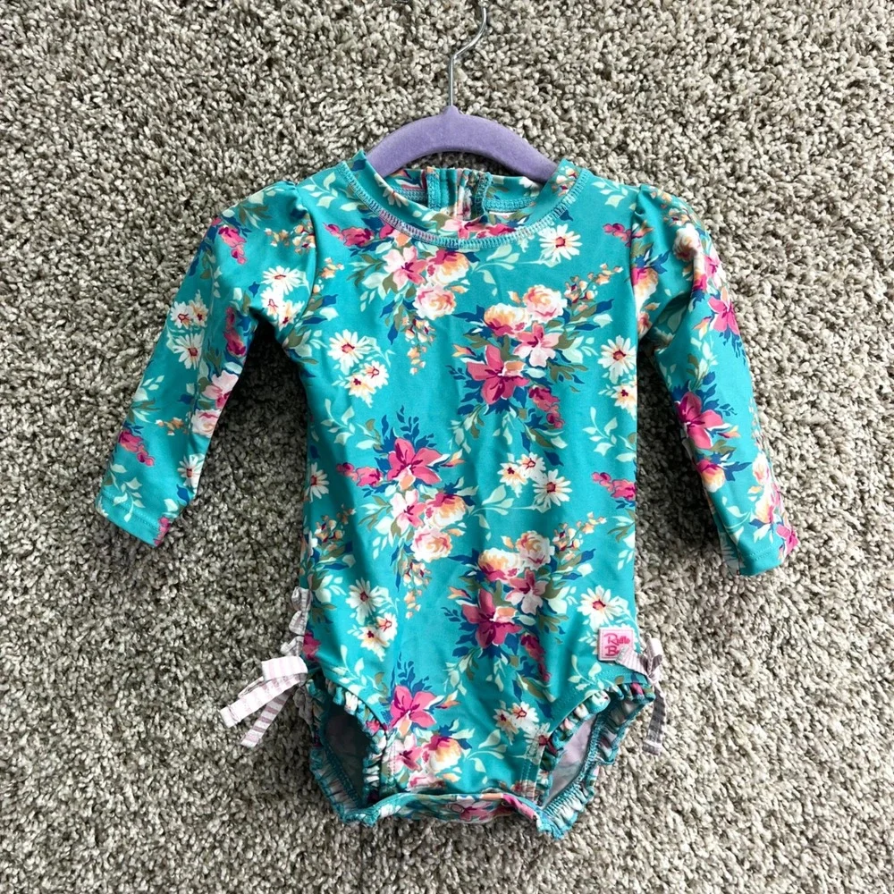 Ruffle Butts Swimsuit Baby 6-12M Teal Floral Long Sleeve One Piece Rash Guard
